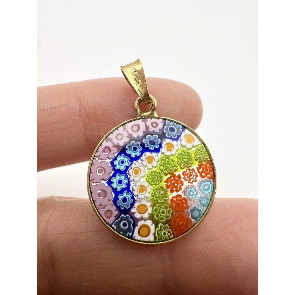 VTG Italian Murano Glass Millefiori Mosaic Pendant Gold Over Silver 925 Charm